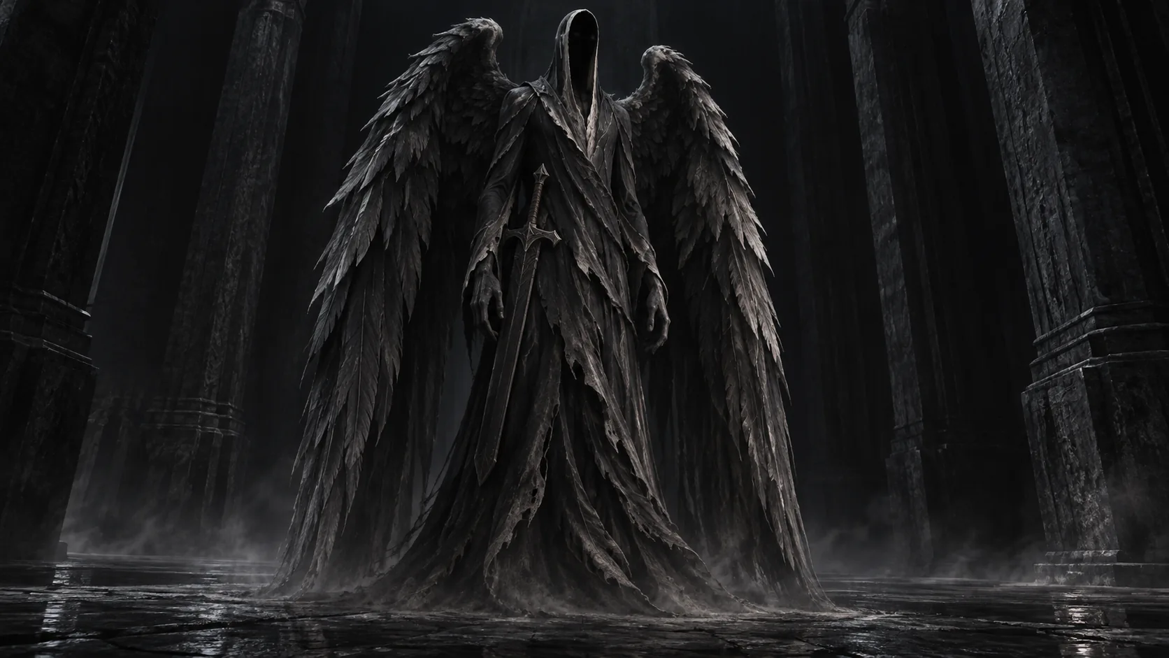 Azrael, hooded and winged, standing in a dark stone sanctuary.