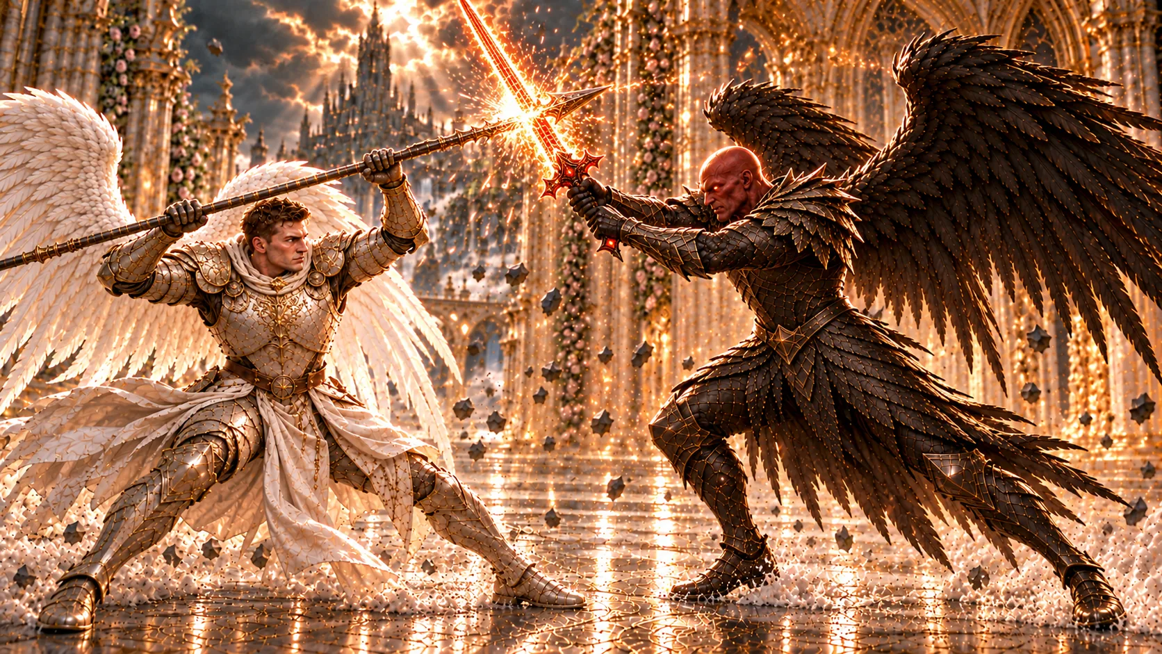 Michael’s lance meets Lucifer’s flaming sword.